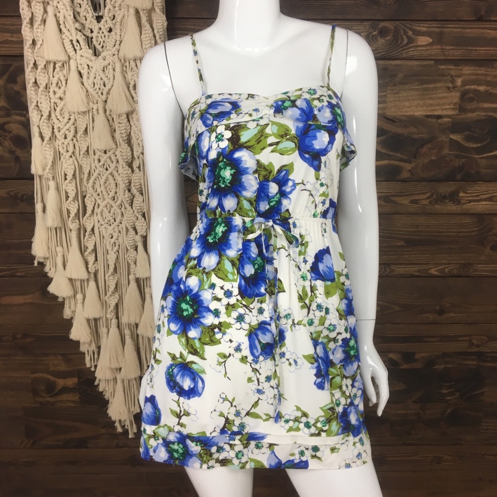 Arden B | Floral Split‎ Tier Dress Blue and Green Flowers Mini Dress